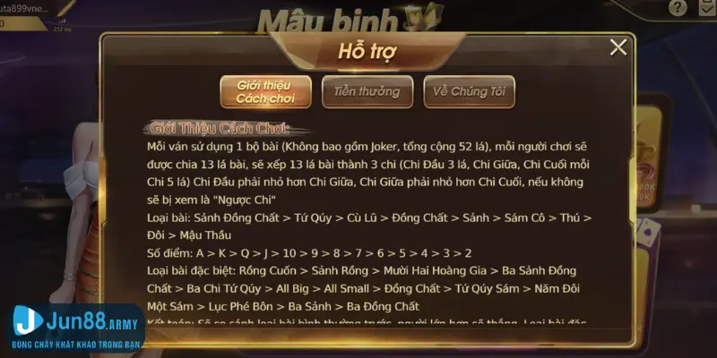 Điểm qua luật chơi đơn giản của game đánh bài Mậu Binh Jun88